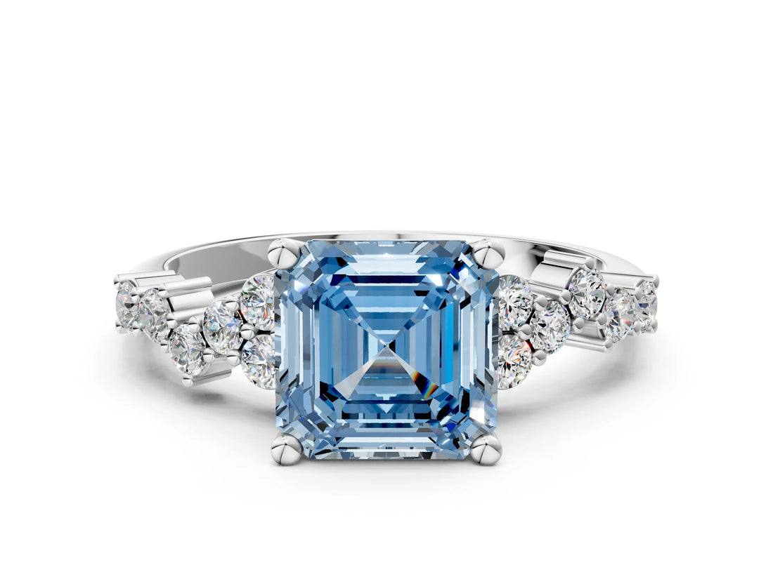 White gold Fancy Blue Asscher Cut Diamond Scattered Round Accent Ring with Prong Setting_12