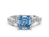 White gold Fancy Blue Asscher Cut Diamond Scattered Round Accent Ring with Prong Setting_12