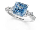 White gold Fancy Blue Asscher Cut Diamond Scattered Round Accent Ring with Prong Setting_13