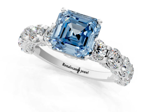 White gold Fancy Blue Asscher Cut Diamond Side Stone Engagement Ring with Four-Prong Setting_25