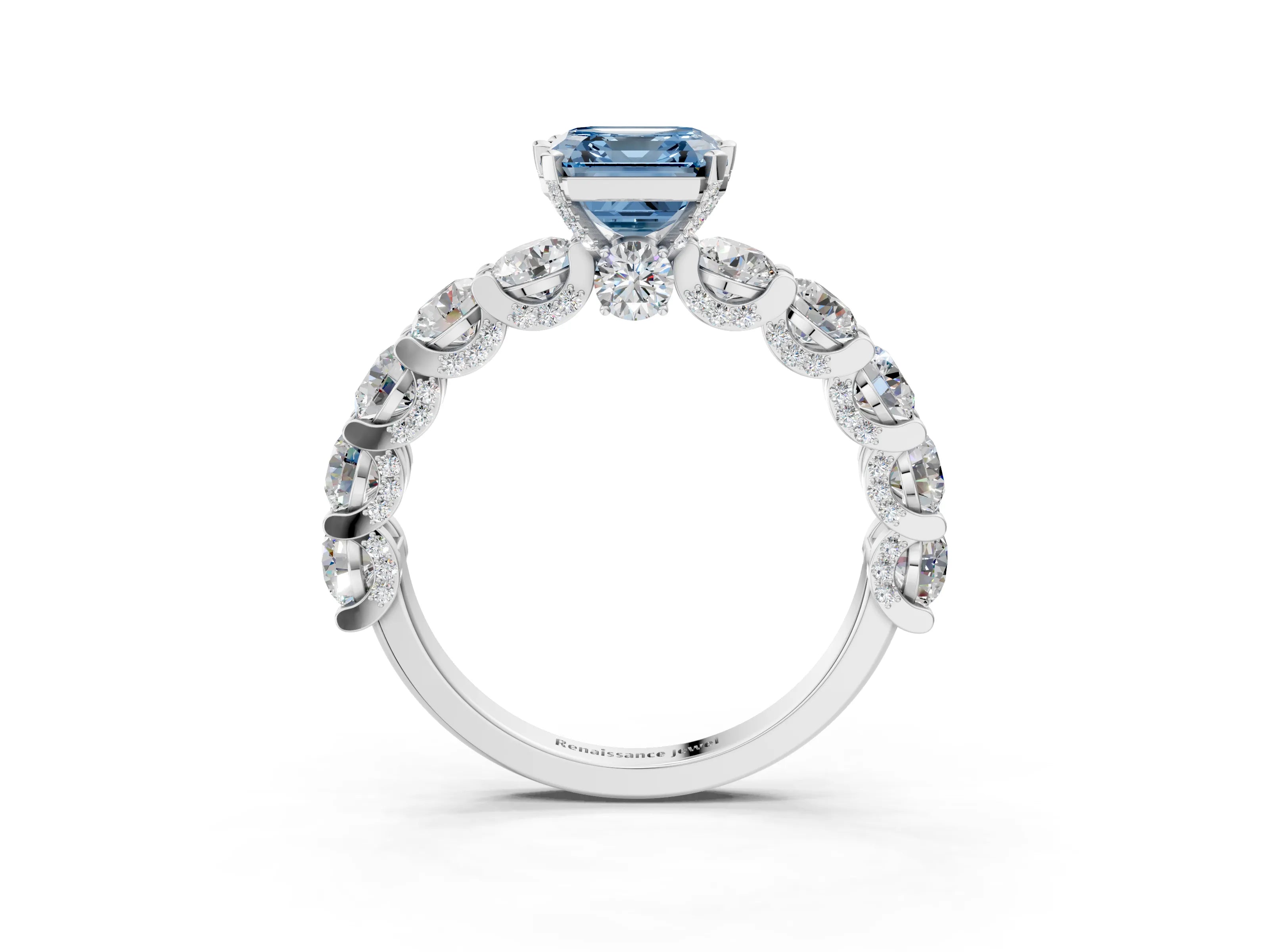 White gold Fancy Blue Asscher Cut Diamond Side Stone Engagement Ring with Four-Prong Setting_27