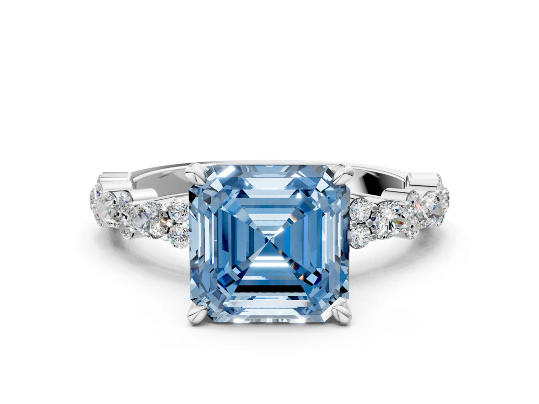 White gold Fancy Blue Asscher Cut Diamond Side Stone Solitaire Ring with Round  and Four-Prong Setting_94