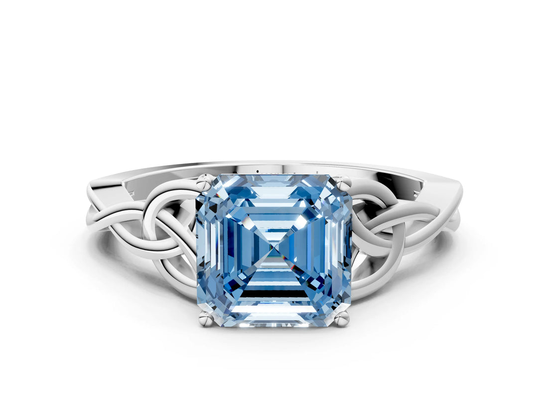 White gold Fancy Blue Asscher Cut Diamond Solitaire Celtic Knot Ring with Four-Prong Setting_63