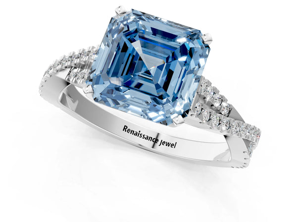 White Gold Asscher Cut Twisted Pave Engagement Ring Setting for Fancy Blue Center