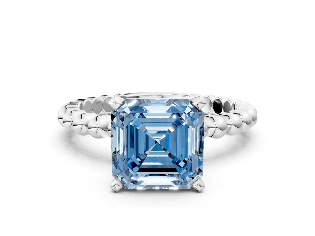 White gold Fancy Blue Asscher Cut Diamond Solitaire Ring with Beaded Band and Prong Setting_112