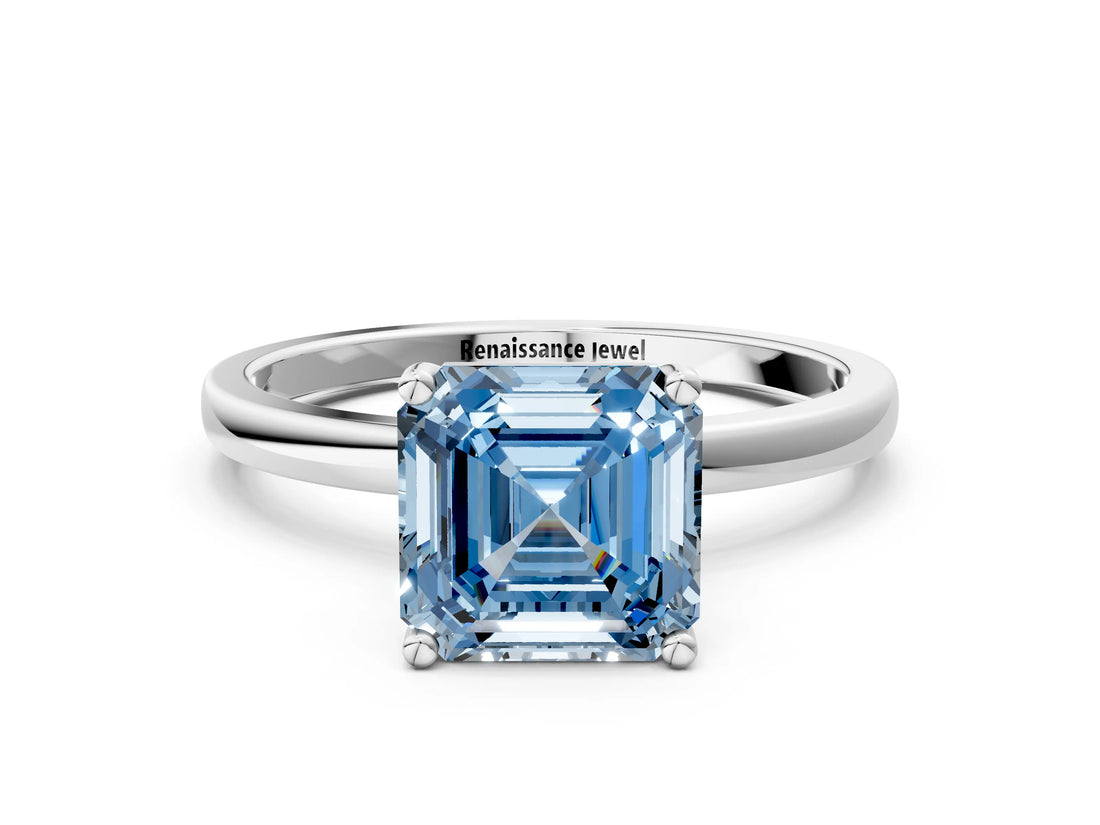 White gold Fancy Blue Asscher Cut Diamond Solitaire Ring with Classic Band and Four-Prong Setting