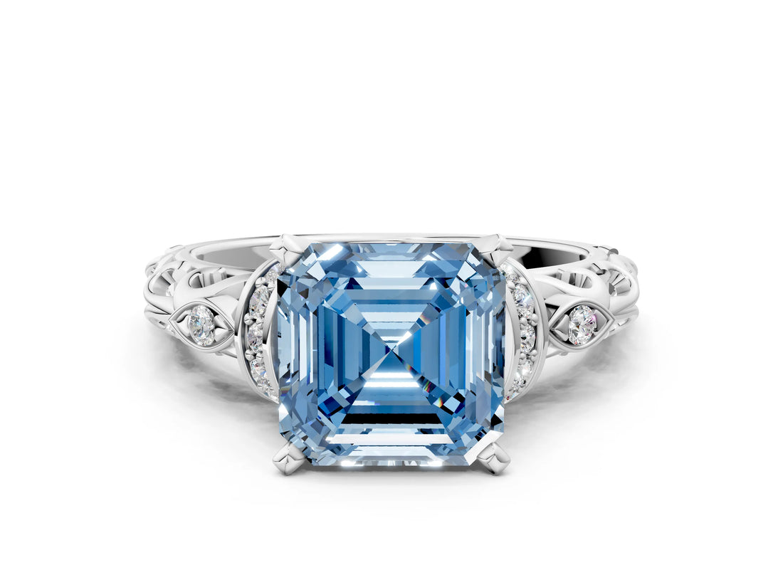 White gold Fancy Blue Asscher Cut Diamond Solitaire Ring with Filigree Band and Four-Prong Setting_17