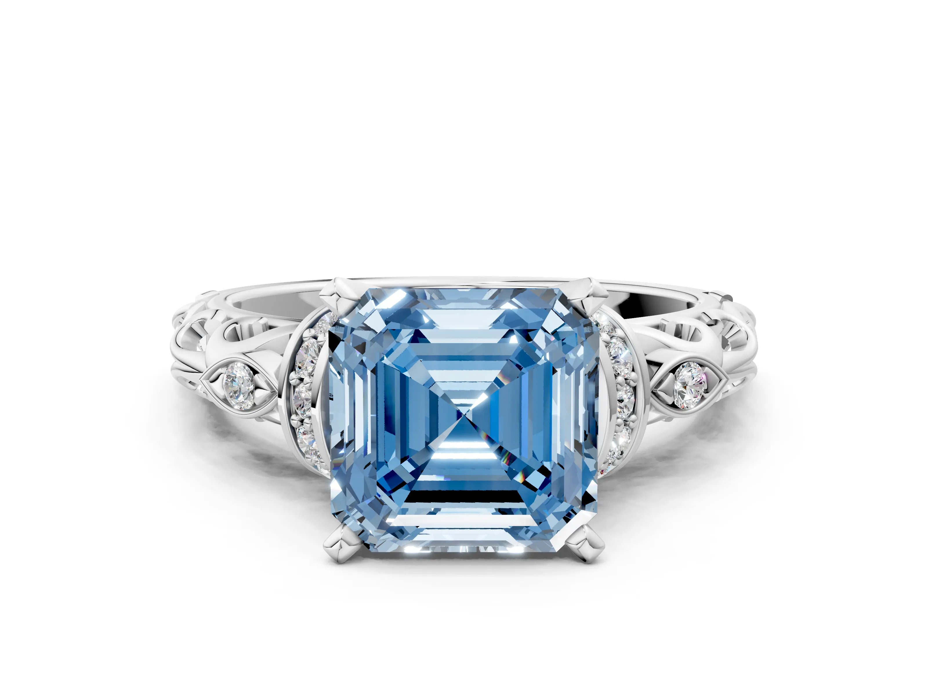 White gold Fancy Blue Asscher Cut Diamond Solitaire Ring with Filigree Band and Four-Prong Setting_17