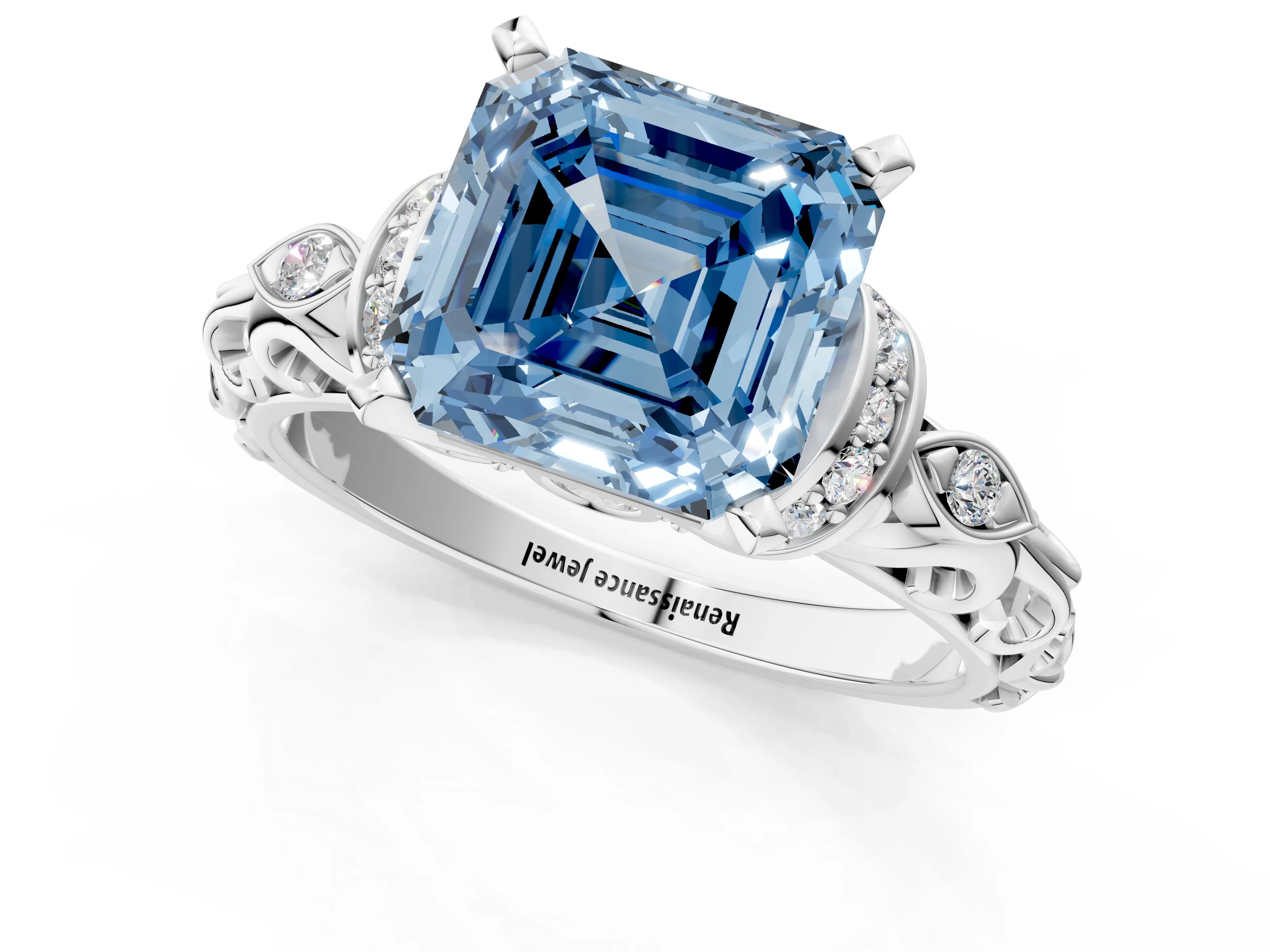 White gold Fancy Blue Asscher Cut Diamond Solitaire Ring with Filigree Band and Four-Prong Setting_18