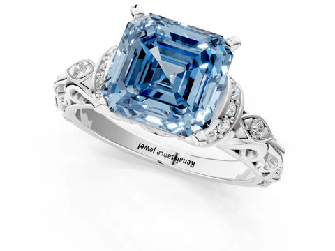 White gold Fancy Blue Asscher Cut Diamond Solitaire Ring with Filigree Band and Four-Prong Setting_18