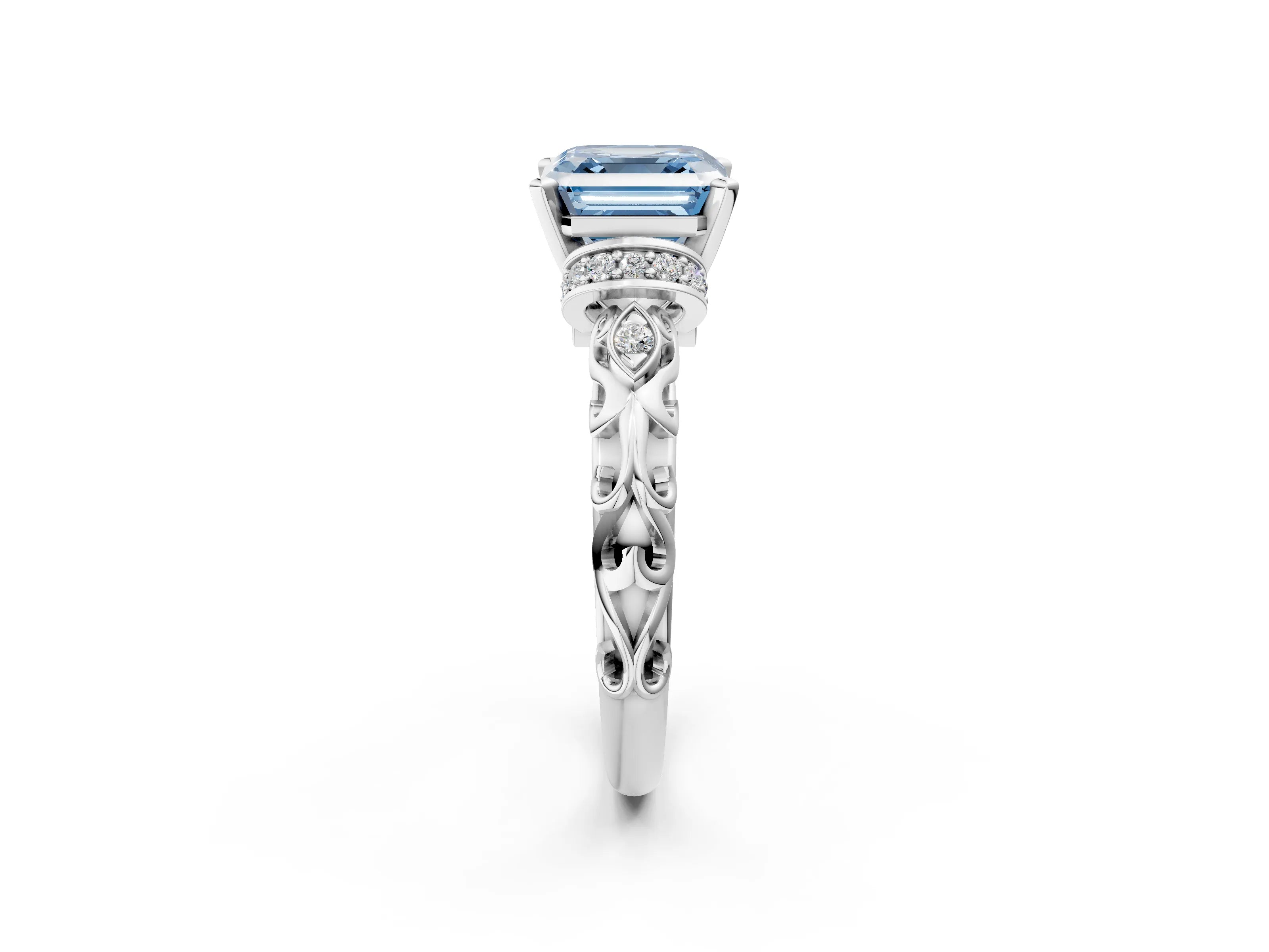 White gold Fancy Blue Asscher Cut Diamond Solitaire Ring with Filigree Band and Four-Prong Setting_19