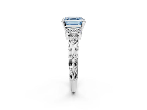 White gold Fancy Blue Asscher Cut Diamond Solitaire Ring with Filigree Band and Four-Prong Setting_19