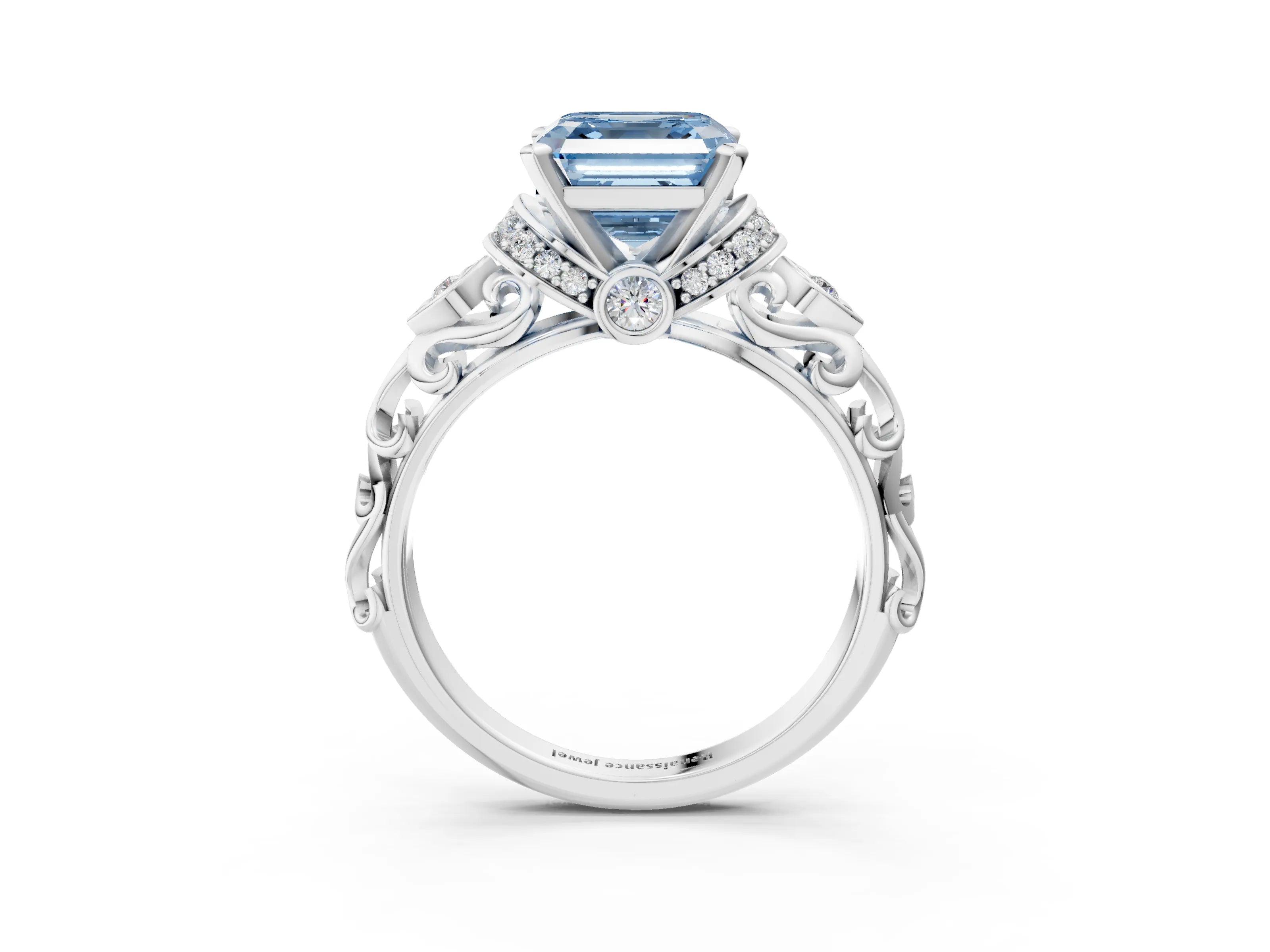 White gold Fancy Blue Asscher Cut Diamond Solitaire Ring with Filigree Band and Four-Prong Setting_20