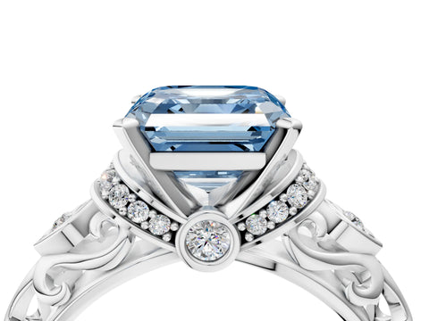 White gold Fancy Blue Asscher Cut Diamond Solitaire Ring with Filigree Band and Four-Prong Setting_21