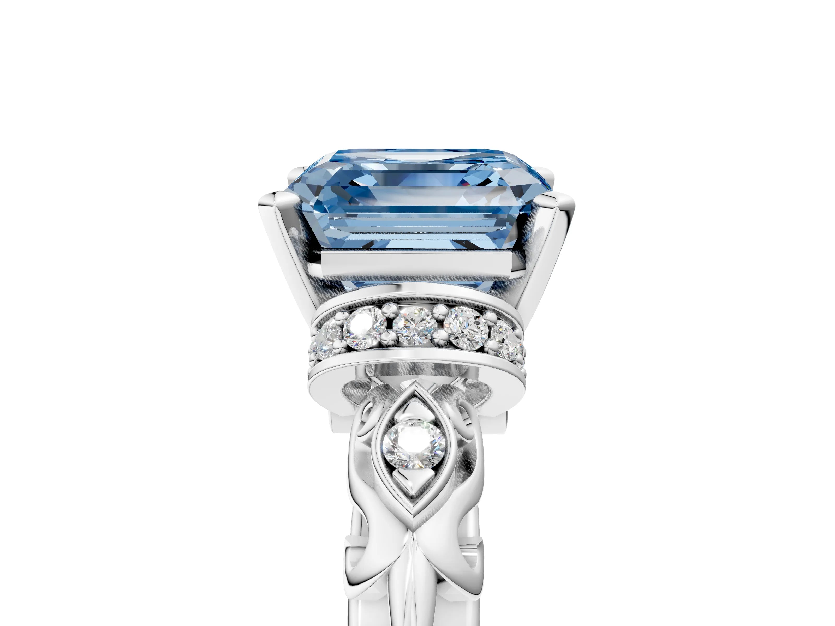 White gold Fancy Blue Asscher Cut Diamond Solitaire Ring with Filigree Band and Four-Prong Setting_22