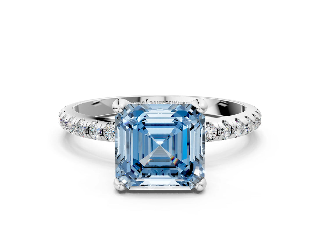 White gold Fancy Blue Asscher Cut Diamond Solitaire Ring with Four-Prong Setting and Pavé Band_3