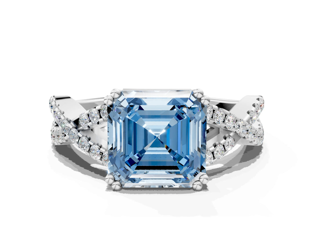 White gold Fancy Blue Asscher Cut Diamond Solitaire Ring with Four-Prong Setting and Twisted Pavé Band_17