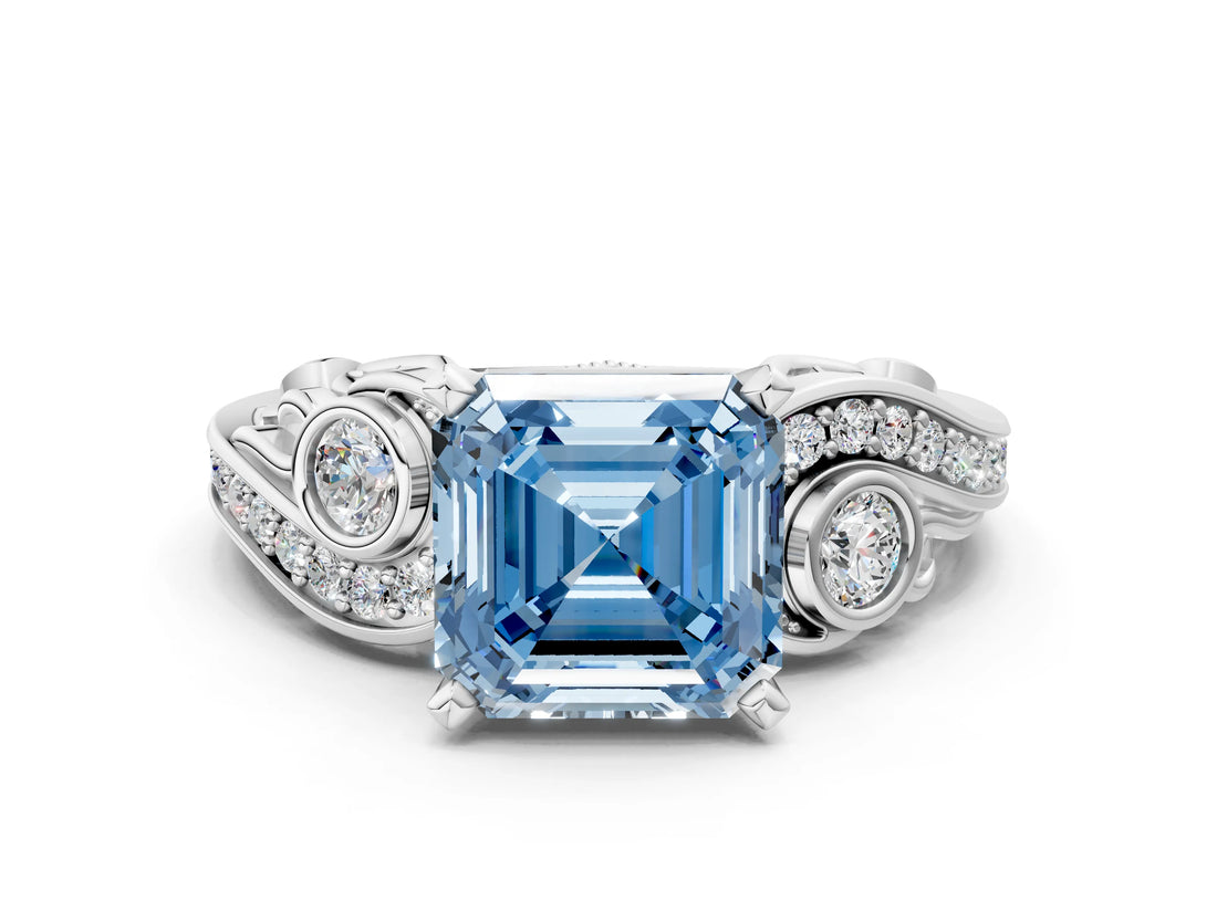 White gold Fancy Blue Asscher Cut Diamond Solitaire Ring with Milgrain Pavé Band and Four-Prong Setting_53