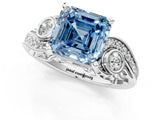 White gold Fancy Blue Asscher Cut Diamond Solitaire Ring with Milgrain Pavé Band and Four-Prong Setting_54