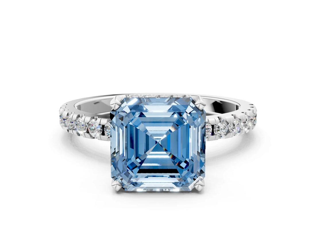 White gold Fancy Blue Asscher Cut Diamond Solitaire Ring with Pavé Band and Four-Prong Setting_63