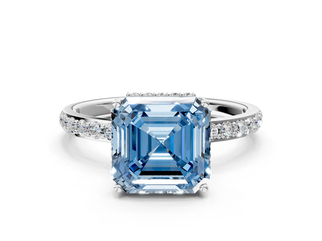 White gold Fancy Blue Asscher Cut Diamond Solitaire Ring with Pavé Band and Hidden Halo_32