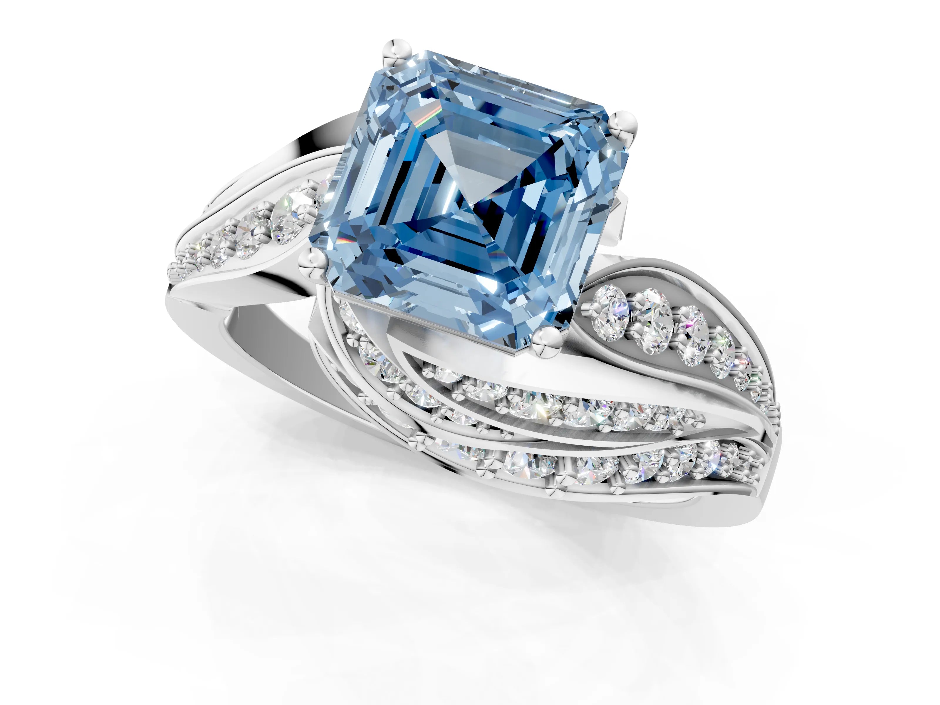 White gold Fancy Blue Asscher Cut Diamond Solitaire Ring with Prong Setting and Twisted Pavé Band_1