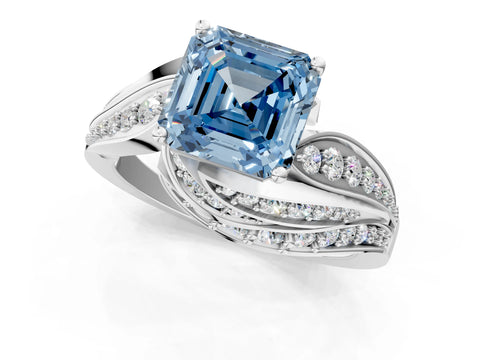 White gold Fancy Blue Asscher Cut Diamond Solitaire Ring with Prong Setting and Twisted Pavé Band_1