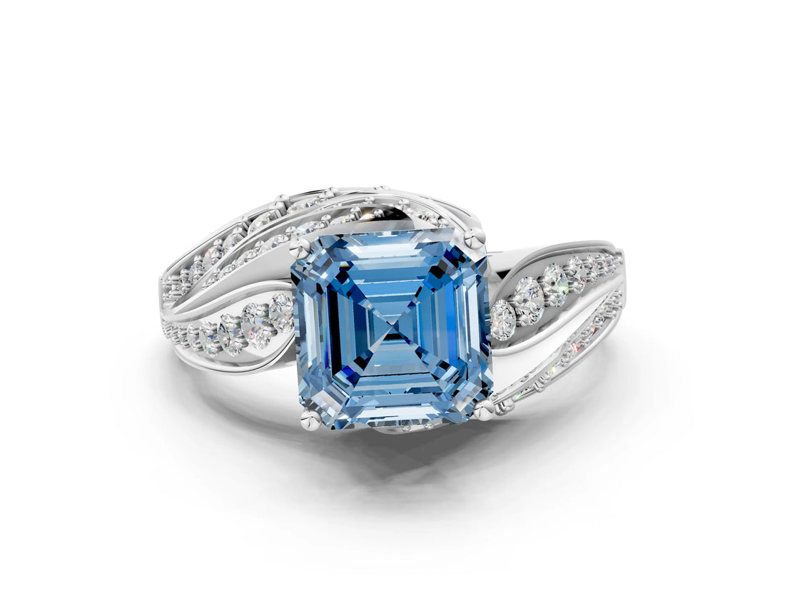White gold Fancy Blue Asscher Cut Diamond Solitaire Ring with Prong Setting and Twisted Pavé Band_24