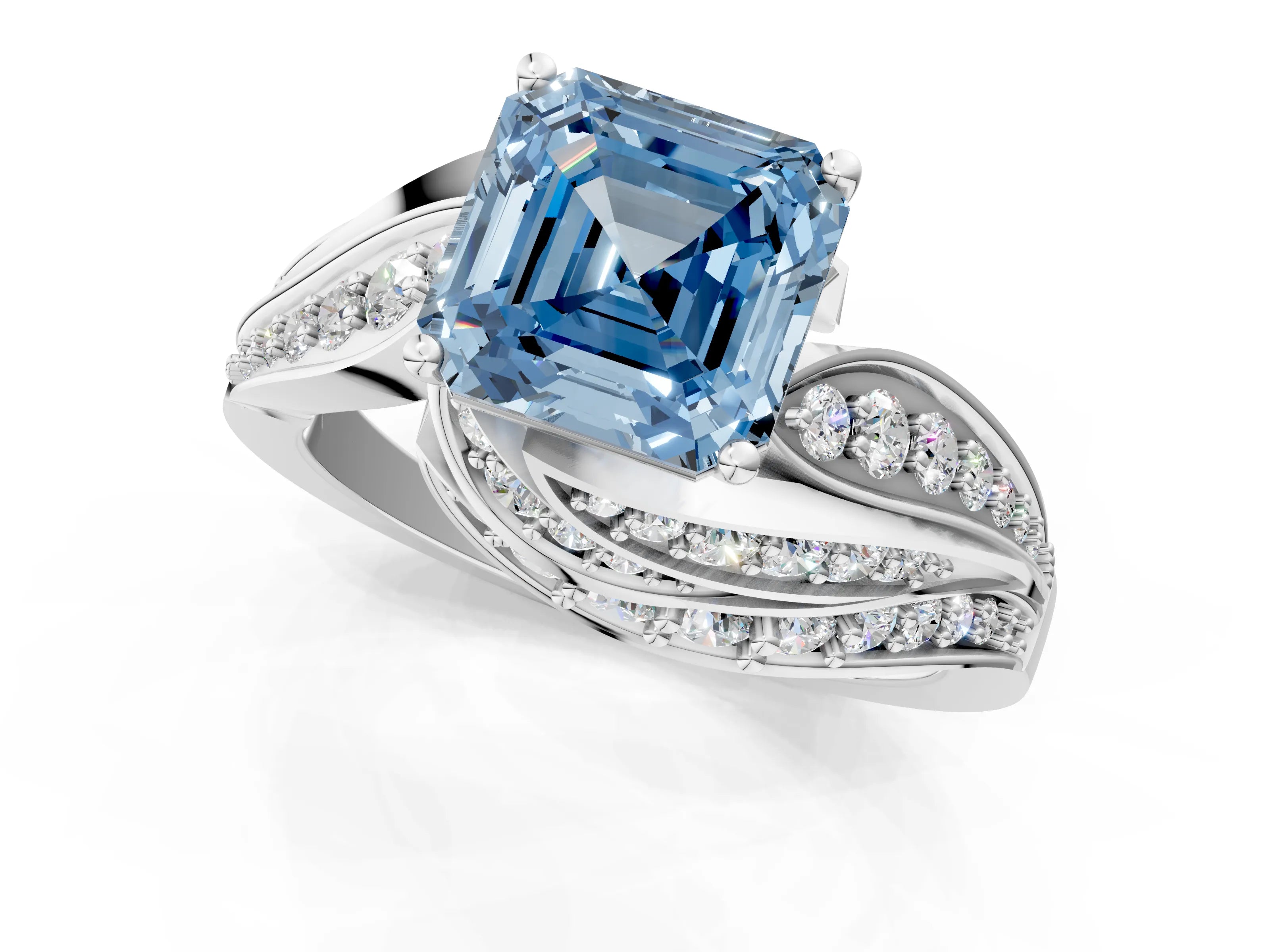 White gold Fancy Blue Asscher Cut Diamond Solitaire Ring with Prong Setting and Twisted Pavé Band_25