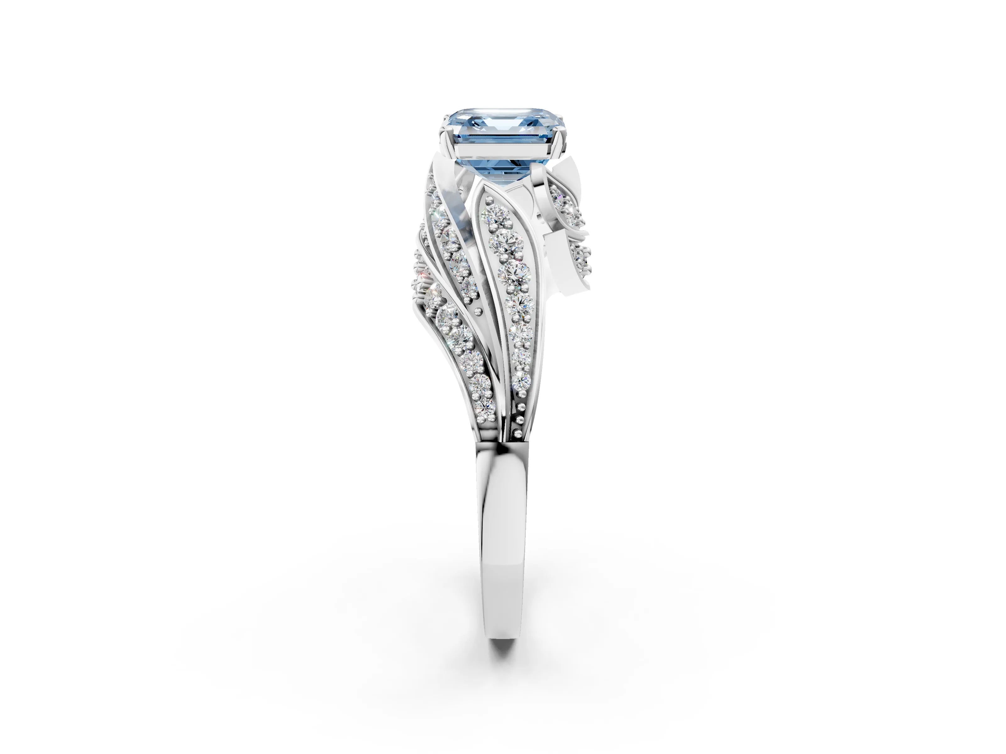 White gold Fancy Blue Asscher Cut Diamond Solitaire Ring with Prong Setting and Twisted Pavé Band_2