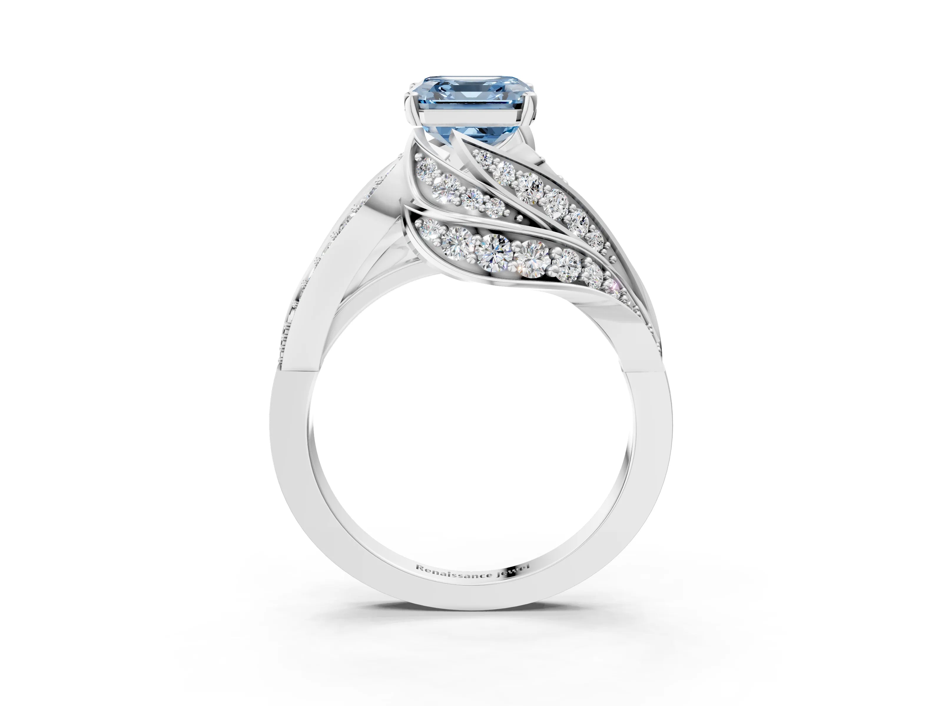 White gold Fancy Blue Asscher Cut Diamond Solitaire Ring with Prong Setting and Twisted Pavé Band_3
