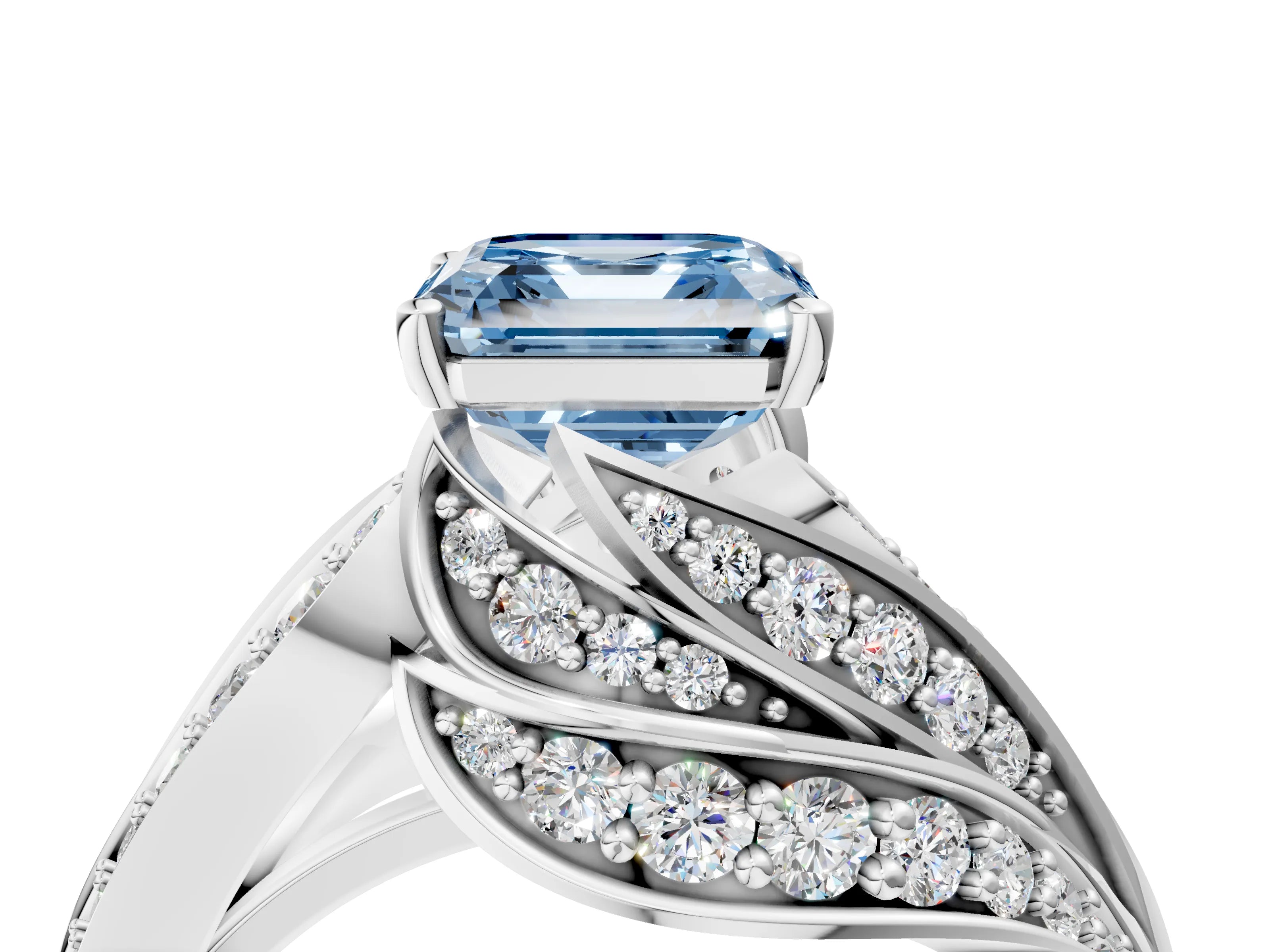 White gold Fancy Blue Asscher Cut Diamond Solitaire Ring with Prong Setting and Twisted Pavé Band_4