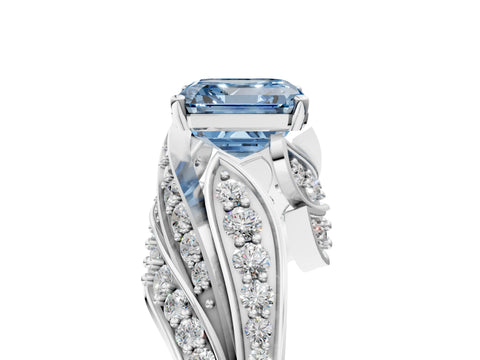White gold Fancy Blue Asscher Cut Diamond Solitaire Ring with Prong Setting and Twisted Pavé Band_5