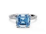 White gold Fancy Blue Asscher Cut Diamond Solitaire Ring with Round  Pavé Band and Prong Setting_122
