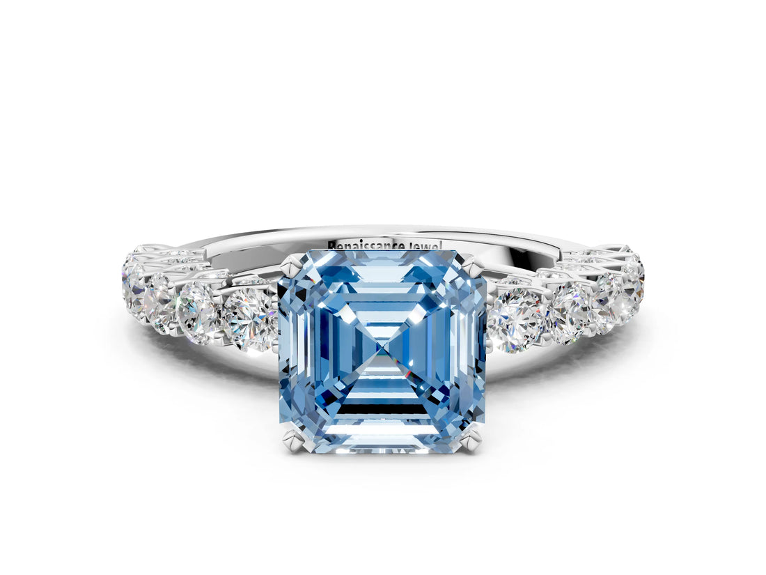 White gold Fancy Blue Asscher Cut Diamond Solitaire Ring with Shared Prong Pavé Band and Four-Prong Setting_17
