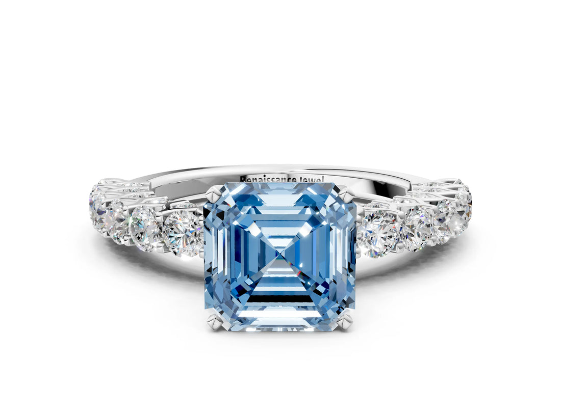 White gold Fancy Blue Asscher Cut Diamond Solitaire Ring with Shared Prong Pavé Band and Four-Prong Setting_28