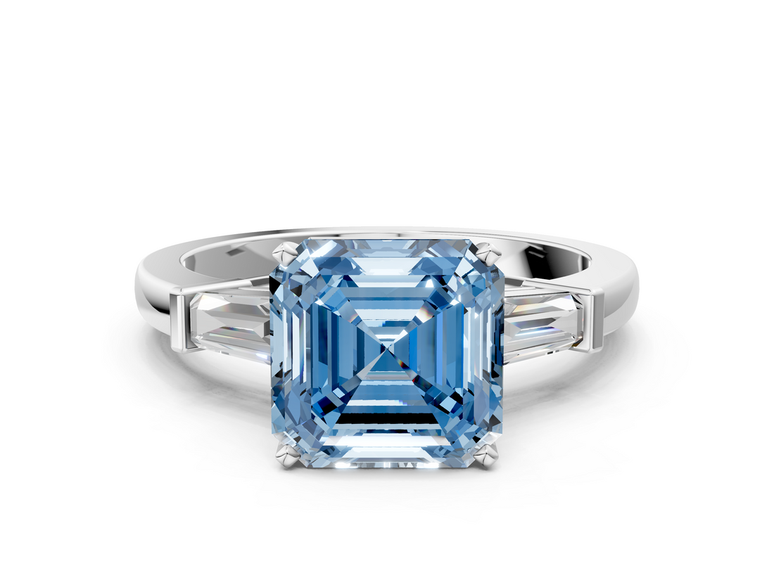 White gold Fancy Blue Asscher  Cut Diamond Solitaire Ring with Tapered Baguette Accents and Four-Prong Setting_16