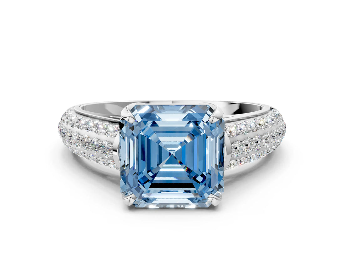 White gold Fancy Blue Asscher Cut Diamond Solitaire Ring with Three-Row Pavé Band and Four-Prong Setting_41