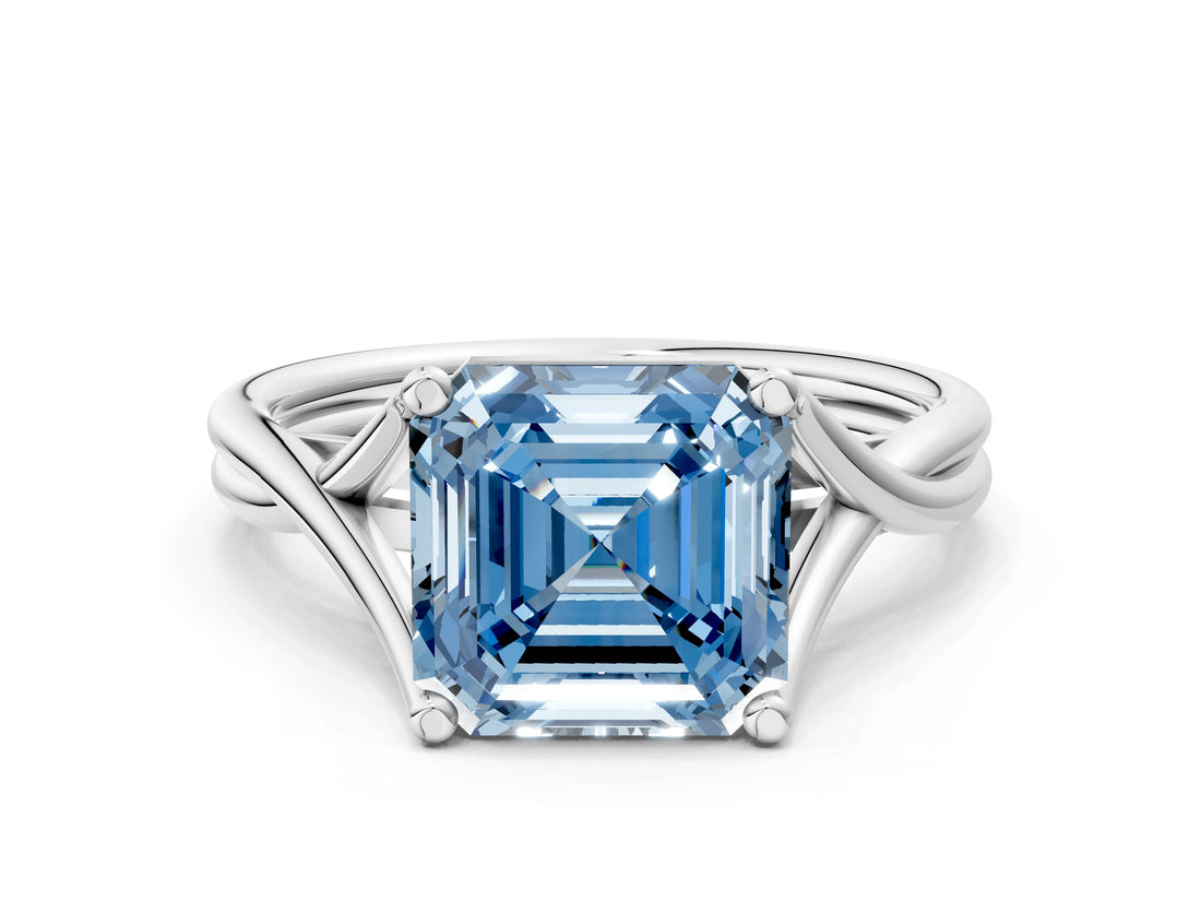 White gold Fancy Blue Asscher Cut Diamond Solitaire Twist Band Prong Setting Ring_55