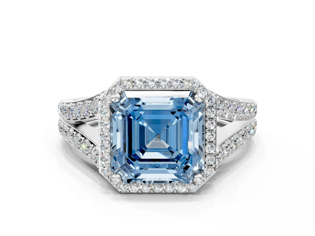 White gold Fancy Blue Asscher Cut Diamond Split Shank Halo Ring with Four-Prong Setting_46