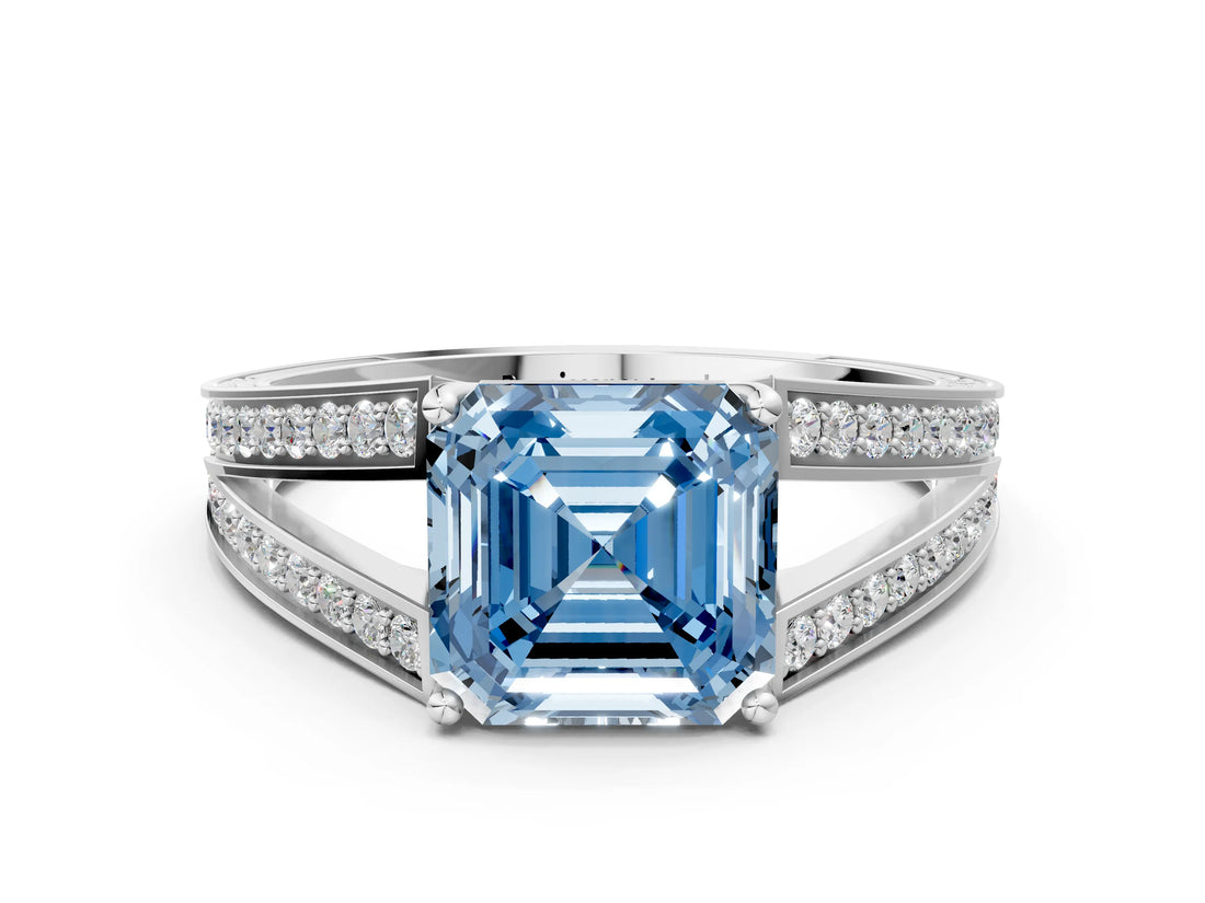 White gold Fancy Blue Asscher Cut Diamond Split Shank Ring with Pavé Band and Four-Prong Setting_34