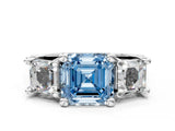 White gold Fancy Blue Asscher Cut Diamond Three-Stone Ring with Channel Set Band and Four-Prong Setting_123