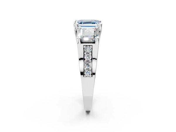 Platinum Fancy Blue Asscher Cut Diamond Three-Stone Ring with Channel Set Band and Four-Prong Setting