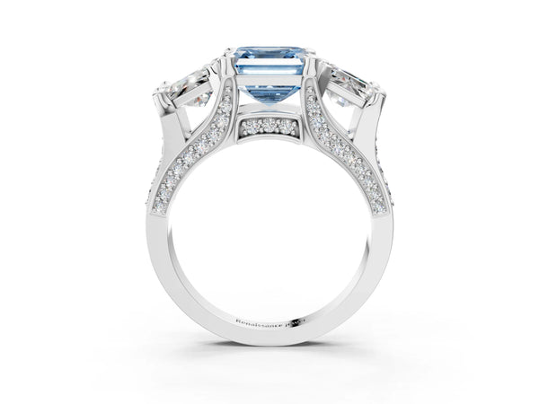 Platinum Fancy Blue Asscher Cut Diamond Three-Stone Ring with Channel Set Band and Four-Prong Setting
