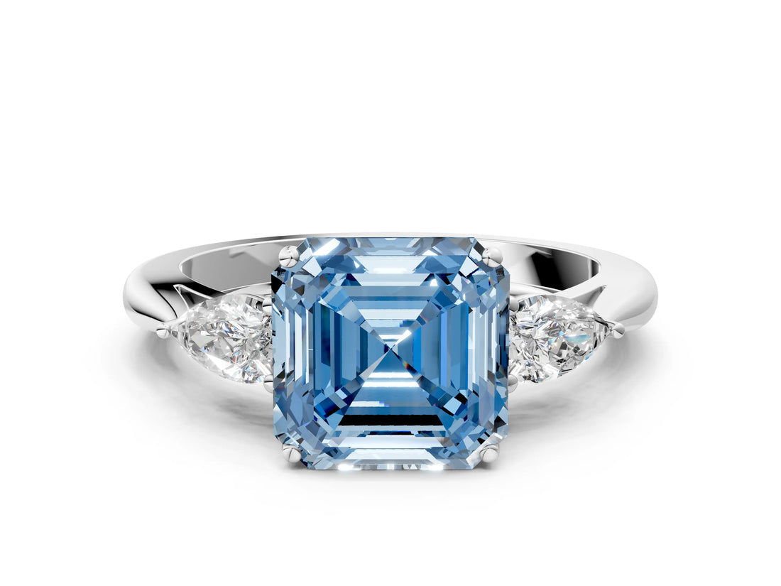White gold Fancy Blue Asscher Cut Diamond Three-Stone Ring with Pear  Side Stones and Prong Setting_118
