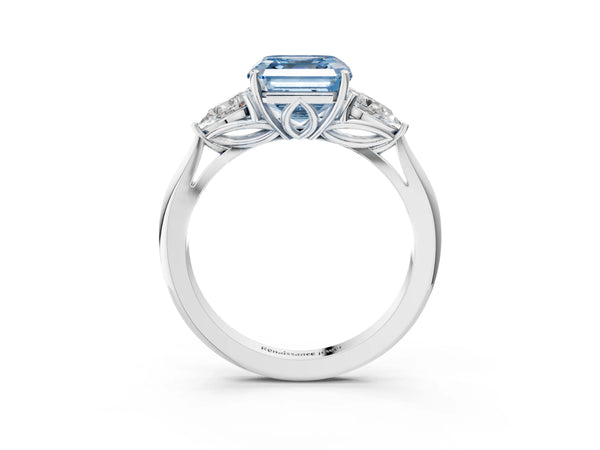 White gold Fancy Blue Asscher Cut Diamond Three-Stone Ring with Pear Side Stones and Prong Setting