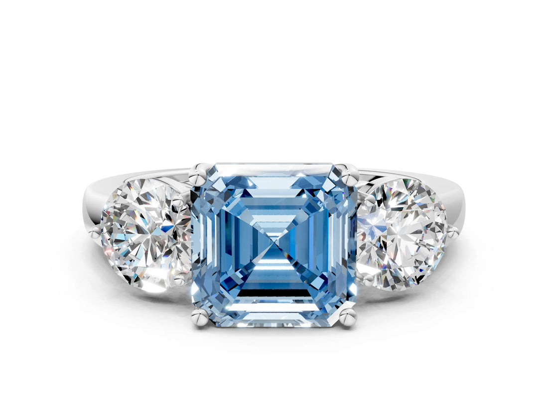 White gold Fancy Blue Asscher Cut Diamond Three-Stone Ring with Prong Setting and Classic Band_51
