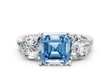 White gold Fancy Blue Asscher Cut Diamond Three-Stone Ring with Prong Setting and Classic Band_51
