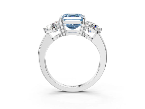 White gold Fancy Blue Asscher Cut Diamond Three-Stone Ring with Prong Setting and Classic Band