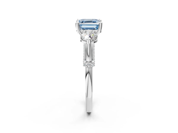 White gold Fancy Blue Asscher Cut Diamond Three-Stone Ring with Prong Setting and Pavé Band